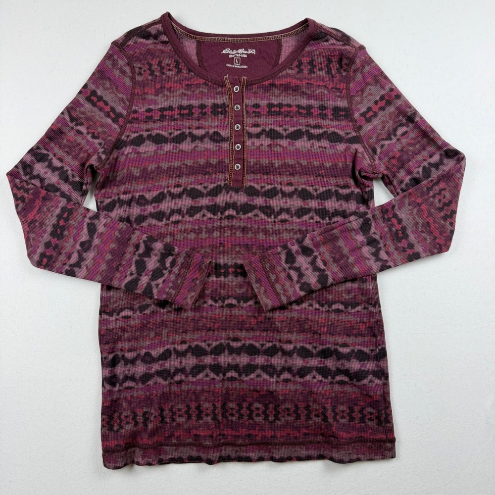 Eddie Bauer Womens Henley Top Large Purple Waffle Knit Thermal Long Sleeve
